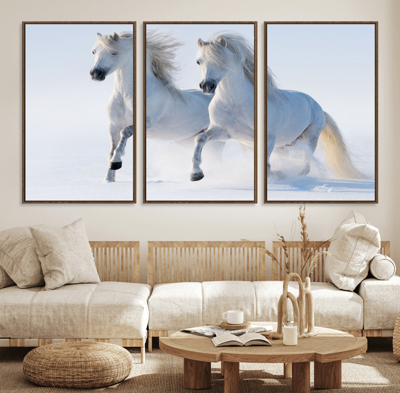 80145-MGV-CV-36X24-White Horses Running Snow Wall Art – Majestic Equine Canvas Print, Winter Nature Photography Decor for Living Room, Office,