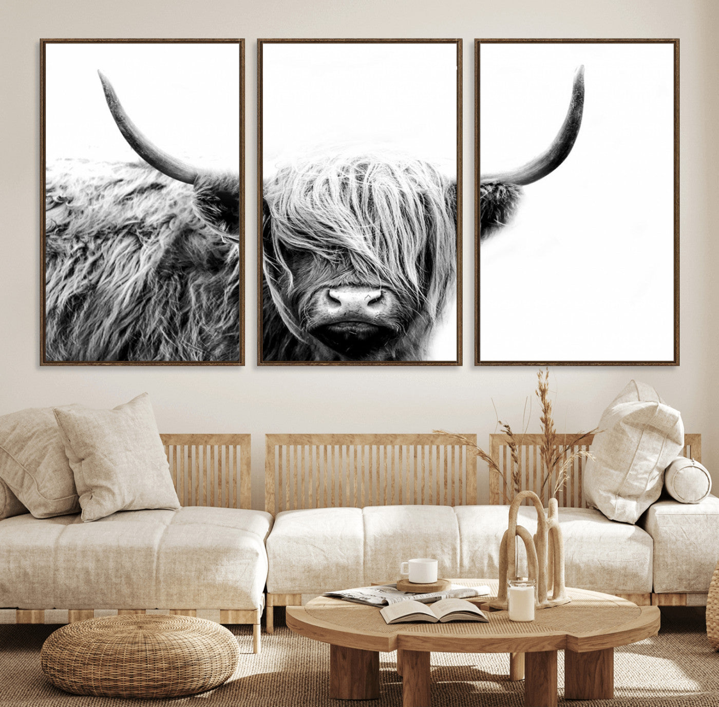 51957-MGV-CV-36X24-Highland Cow Wall Art – Black and White Scottish Highland Bull Canvas Print, Rustic Farmhouse Animal Decor for Living Room,