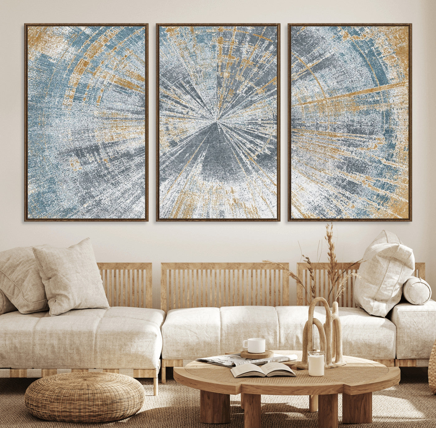 17631-MGV-CV-36X24-Radiant Burst Wall Art – Abstract Sunburst Canvas Print in Blue and Gold, Modern Geometric Painting for Living Room, Office or