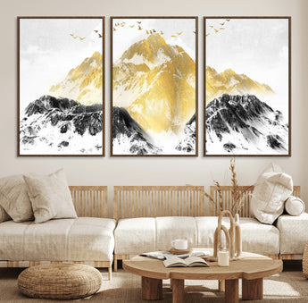 37733-MGV-CV-36X24-Golden Mountain Wall Art – Modern Abstract Landscape Canvas Print with Birds, Luxury Nature Decor for Living Room, Bedroom, or