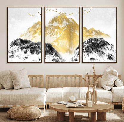 37733-MGV-CV-36X24-Golden Mountain Wall Art – Modern Abstract Landscape Canvas Print with Birds, Luxury Nature Decor for Living Room, Bedroom, or