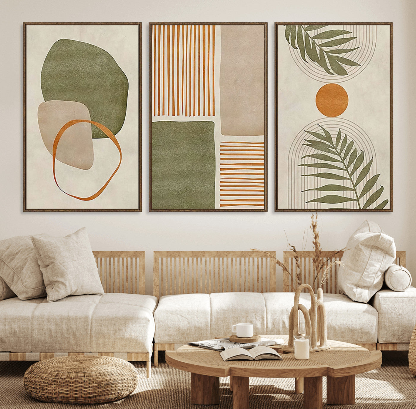 96002-MGV-FC-60X30-3P_Walnut-Abstract Geometric Wall Art – Modern Canvas Print with Green, Orange & Beige Shapes, Minimalist Home Decor for Living Room, Office