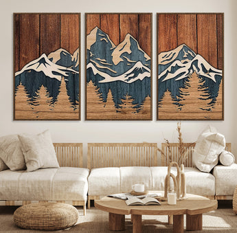41330-MGV-FC-60X30-3P_Walnut-Rustic Mountain Wall Art – Wooden Nature Scene with Trees and Peaks, Handmade 3D Layered Decor for Living Room, Cabin or Office