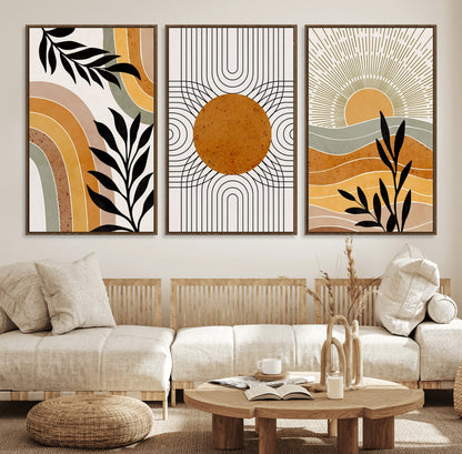44668-MGV-FC-60X30-3P_Walnut-Mid Century Modern Wall Art – Abstract Sun and Rainbow Canvas Print, Minimalist Geometric Boho Decor for Living Room, Bedroom or