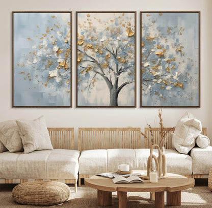 65811-MGV-CV-36X24-Abstract Tree Wall Art – Textured Canvas Painting with Gold and White Leaves, Modern Nature Inspired Decor for Living Room or