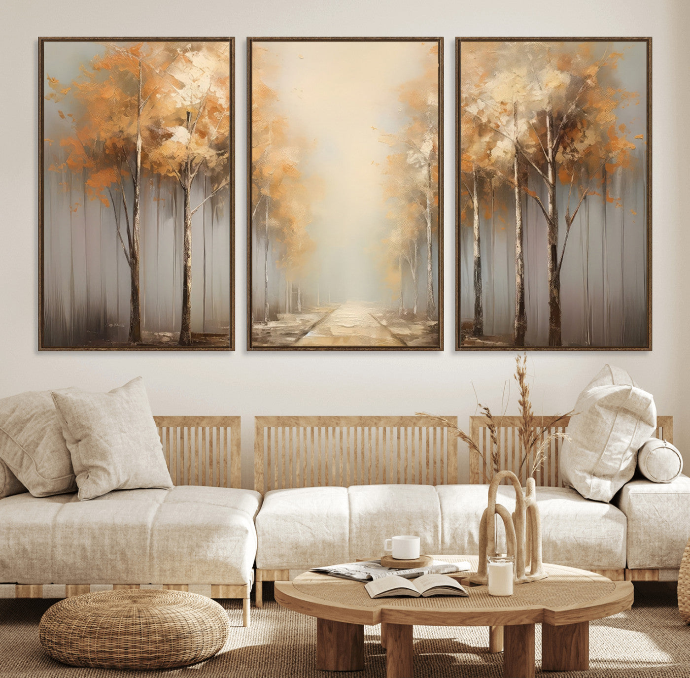 95004-MGV-FC-60X30-3P_Walnut-Autumn Forest Path Wall Art – Hand Painted Canvas Print with Golden Trees, Modern Nature Landscape Decor for Living Room, Bedroom