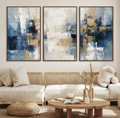 44344-MGV-FC-60X30-3P_Walnut-Abstract Blue and Gold Wall Art – Modern Hand Painted Canvas Print, Contemporary Textured Painting for Living Room, Bedroom or