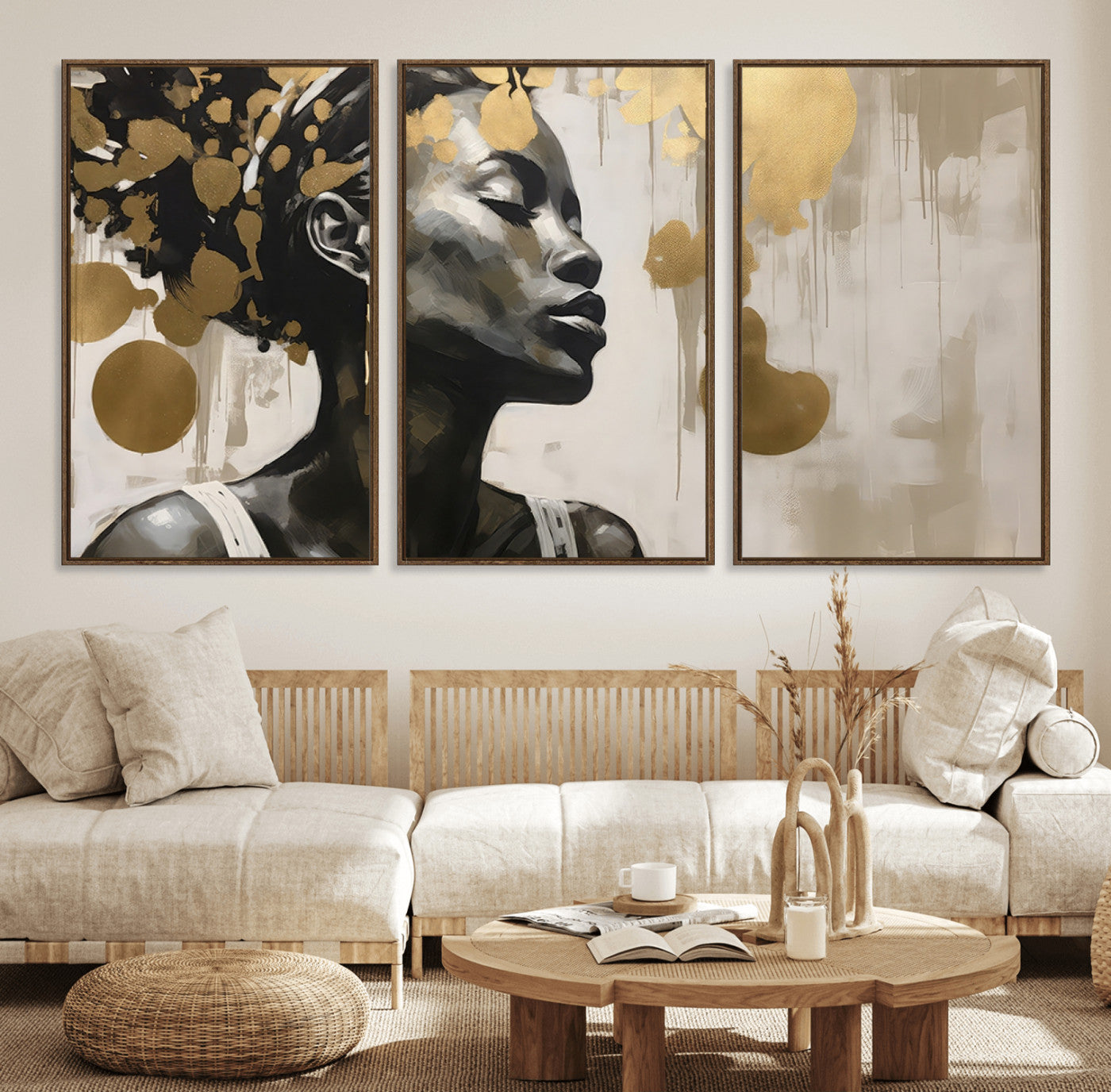 65669-MGV-FC-60X30-3P_Walnut-Elegant Black Woman Wall Art – Modern Abstract Portrait Canvas with Gold Accents, Contemporary Afrocentric Decor for Living Room