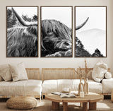 61570-MGV-FC-60X30-3P_Walnut-Highland Cow Wall Art – Black and White Scottish Bull Canvas Print, Rustic Farmhouse Animal Decor for Living Room, Bedroom, or
