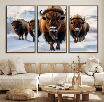 56701-MGV-FC-60X30-3P_Walnut-Bison Herd Wall Art – Buffalo Walking in Snowy Mountains Canvas Print, Rustic Wildlife Decor for Cabin, Lodge, or Living Room