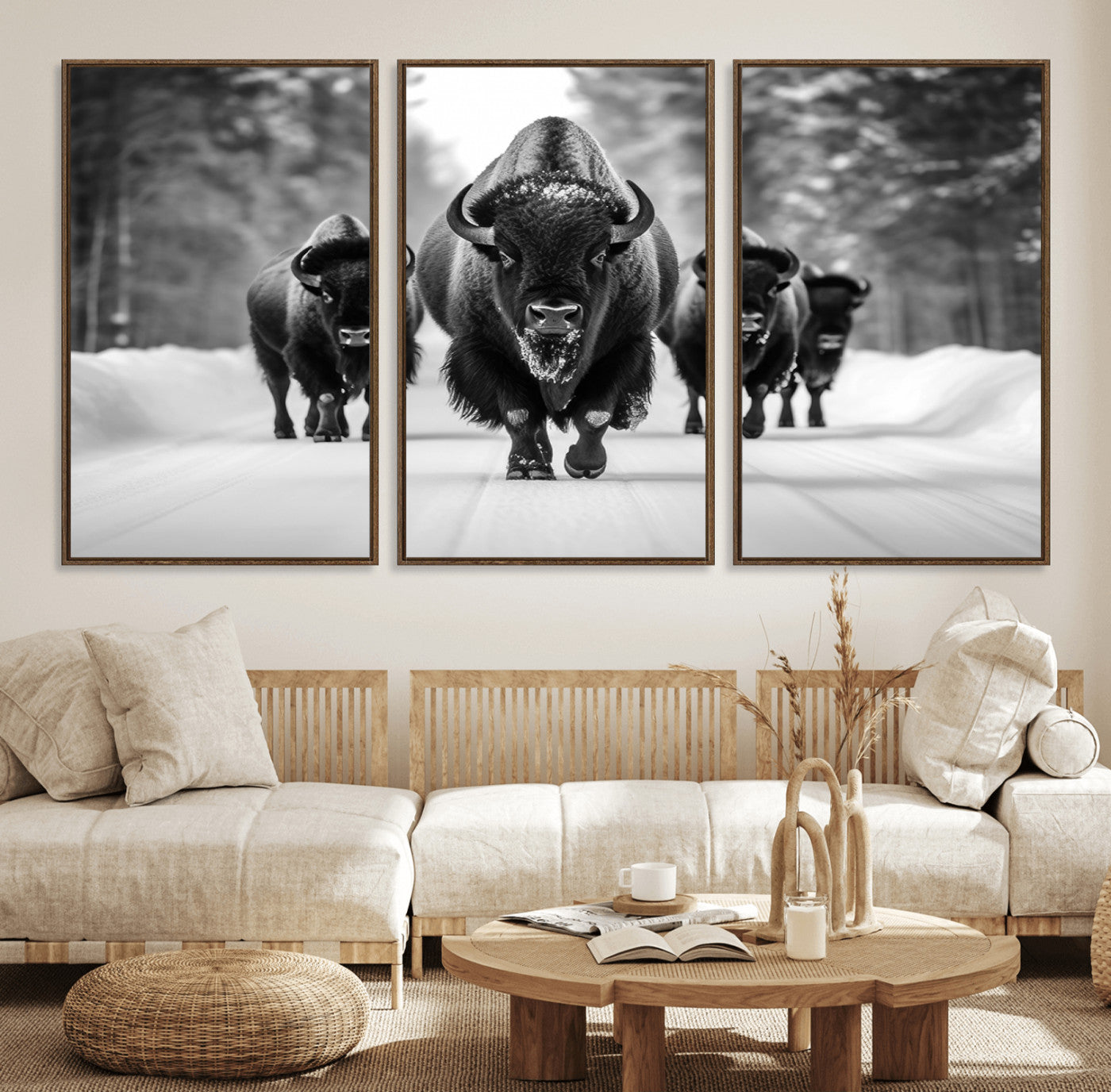 45287-MGV-FC-60X30-3P_Walnut-Bison Herd Wall Art – Black and White Buffalo Snow Road Canvas Print, Rustic Wildlife Decor for Cabin, Lodge or Living Room