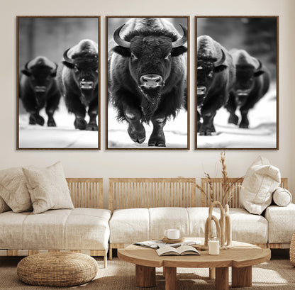 79872-MGV-FC-60X30-3P_Walnut-Bison Herd Wall Art – Black and White Buffalo on Snow Canvas Print, Rustic Wildlife Decor for Lodge, Cabin, or Living Room