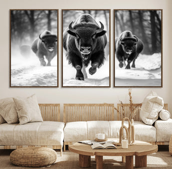 97552-MGV-FC-60X30-3P_Walnut-Black and White Bison Wall Art – Buffalo Herd Running in Snow Canvas Print, Rustic Wildlife Photography Decor for Cabin, Lodge, or