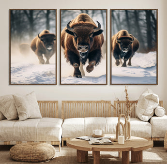 56549-MGV-FC-60X30-3P_Walnut-Wild Bison Wall Art – Majestic Buffalo Herd Running in Snow Canvas Print, Rustic Wildlife Photography Decor for Cabin, Lodge, or
