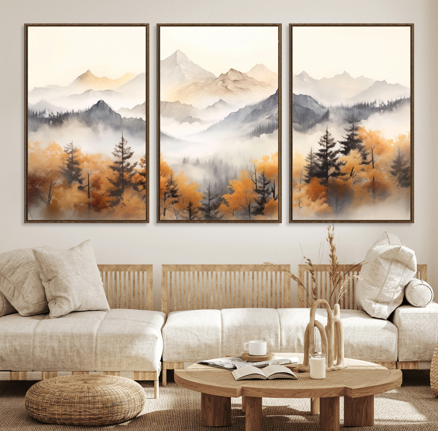 70049-MGV-FC-60X30-3P_Walnut-Autumn Mountain Forest Wall Art – Misty Landscape Canvas Print, Rustic Nature Inspired Decor for Living Room, Bedroom or Office