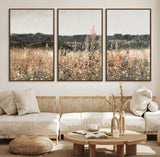 46308-MGV-FC-60X30-3P_Walnut-Wildflower Field Wall Art – Rustic Meadow Landscape Canvas Print, Country Nature Decor for Living Room, Bedroom or Farmhouse