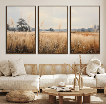 38193-MGV-FC-60X30-3P_Walnut-Golden Meadow Wall Art – Serene Grassland Landscape Canvas Print, Rustic Nature Decor for Bedroom, Living Room or Farmhouse