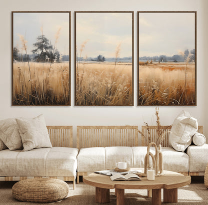 38193-MGV-FC-60X30-3P_Walnut-Golden Meadow Wall Art – Serene Grassland Landscape Canvas Print, Rustic Nature Decor for Bedroom, Living Room or Farmhouse