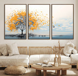 23385-MGV-FC-60X30-3P_Walnut-Golden Butterfly Tree Wall Art – Abstract Yellow and Gray Canvas Print, Modern Nature Artwork for Living Room, Bedroom or Office