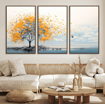 23385-MGV-FC-60X30-3P_Walnut-Golden Butterfly Tree Wall Art – Abstract Yellow and Gray Canvas Print, Modern Nature Artwork for Living Room, Bedroom or Office