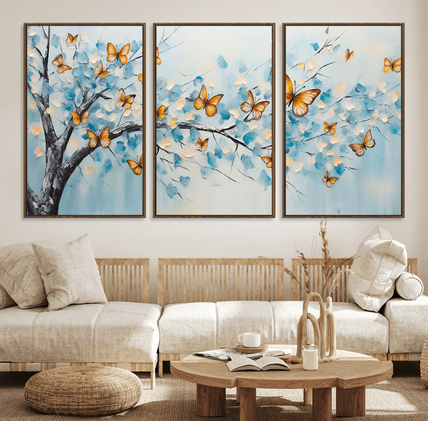 59455-MGV-FC-60X30-3P_Walnut-Butterfly Tree Branch Wall Art – Blue and Yellow Abstract Canvas Print, Modern Nature Artwork for Living Room, Bedroom or Office