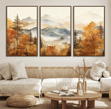 72950-MGV-FC-60X30-3P_Walnut-Autumn Mountain Forest Wall Art – Golden Fall Landscape Canvas Print, Nature-Inspired Home Decor for Living Room, Bedroom or