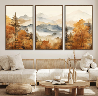 72950-MGV-FC-60X30-3P_Walnut-Autumn Mountain Forest Wall Art – Golden Fall Landscape Canvas Print, Nature-Inspired Home Decor for Living Room, Bedroom or