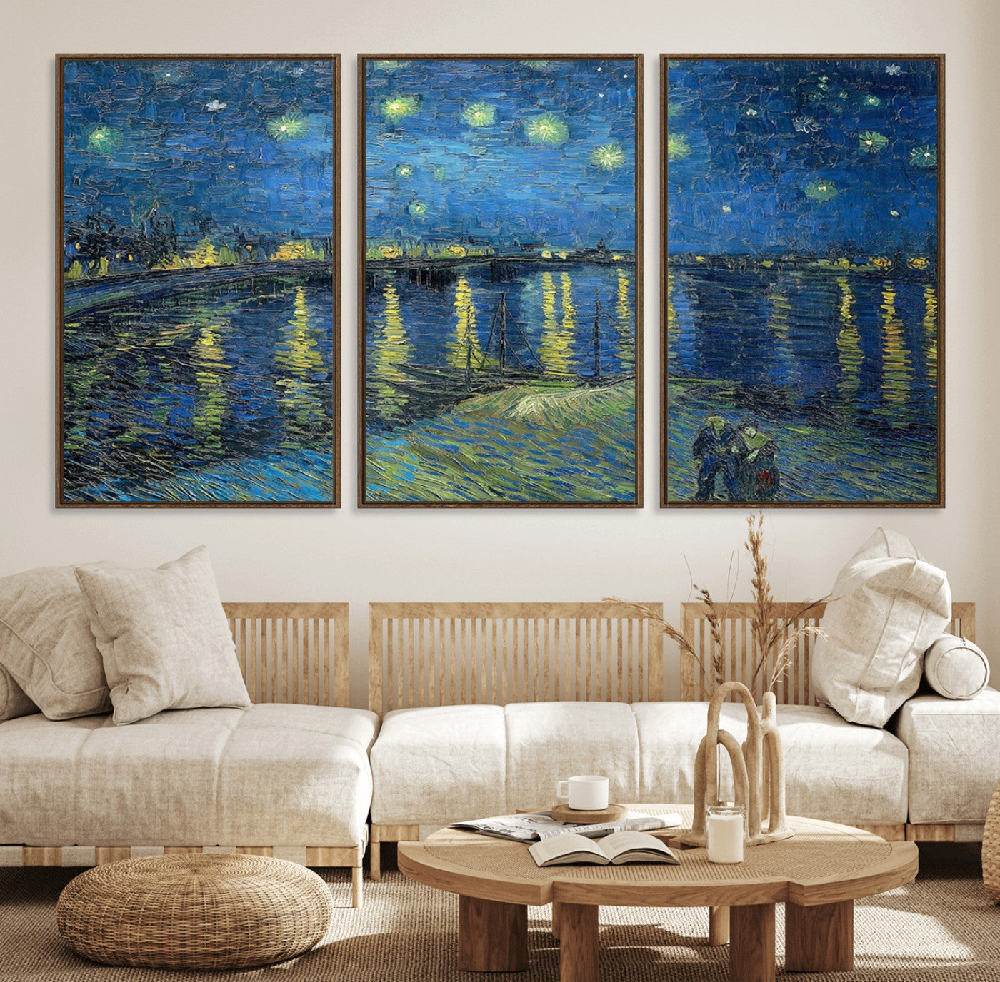 94605-MGV-FC-60X30-3P_Walnut-Starry Night Over the Rhone Wall Art – Vincent van Gogh Canvas Print, Famous Impressionist Painting for Living Room, Office