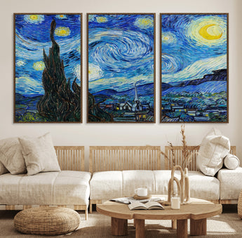 39177-MGV-FC-60X30-3P_Walnut-Starry Night Wall Art – Vincent van Gogh Famous Painting Canvas Print, Timeless Starry Sky Decor for Living Room, Bedroom or