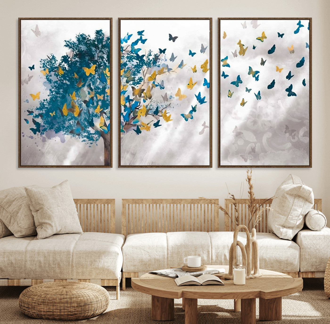 37564-MGV-FC-60X30-3P_Walnut-Butterfly Tree Wall Art – Modern Nature Canvas Print with Blue and Golden Butterflies, Elegant Decorative Painting for Living Room