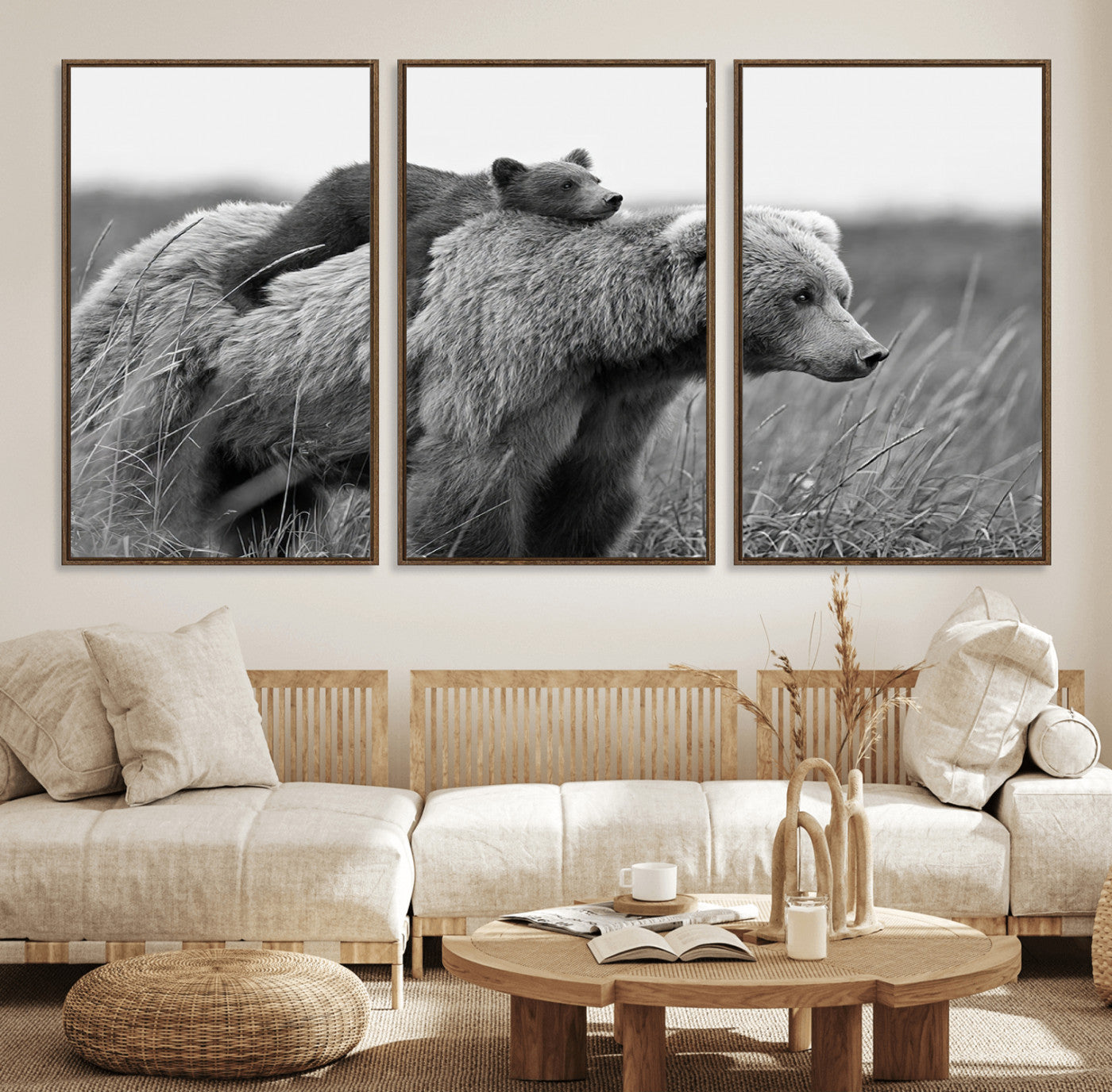 76338-MGV-FC-60X30-3P_Walnut-Mother Bear and Cub Wall Art – Black and White Wildlife Canvas Print, Rustic Nature Photography for Cabin, Living Room or Office