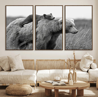76338-MGV-FC-60X30-3P_Walnut-Mother Bear and Cub Wall Art – Black and White Wildlife Canvas Print, Rustic Nature Photography for Cabin, Living Room or Office