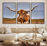 18594-MGV-FC-60X30-3P_Walnut-Texas Longhorn Bull Wall Art – Rustic Western Cattle Canvas Print, Country Farmhouse Decor for Living Room, Office or Cabin