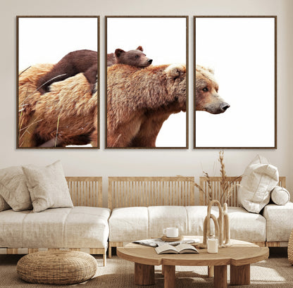 76943-MGV-FC-60X30-3P_Walnut-Mom Bear Wall Art Canvas Print, Framed Bear Photography Art Picture Print, Rustic Bear and Cub Perfect Rustic Farmhouse Decor