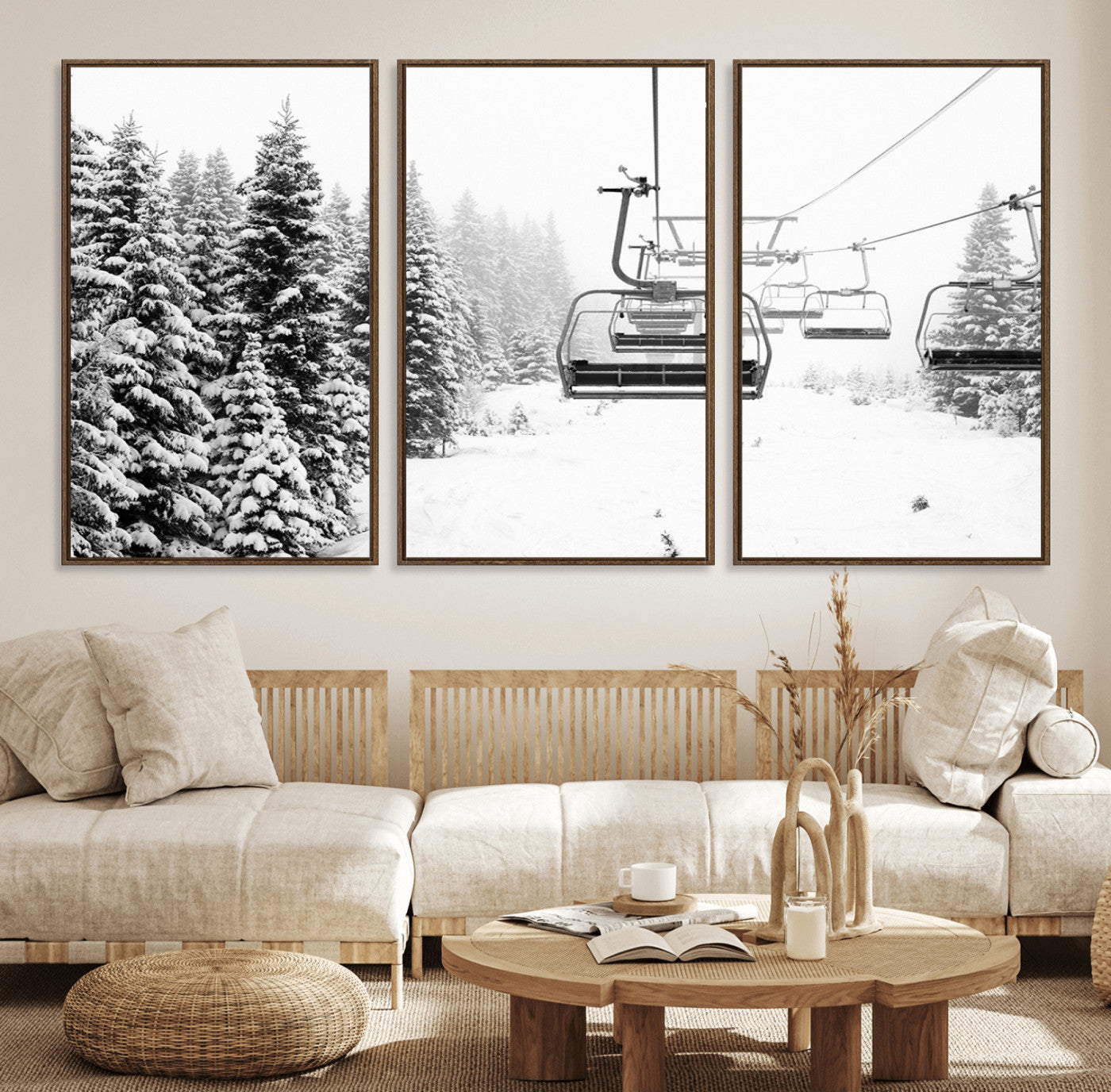 70609-MGV-FC-60X30-3P_Walnut-Snowy Ski Lift Wall Art – Black and White Winter Mountain Landscape Canvas Print, Rustic Lodge Decor for Cabin, Living Room or