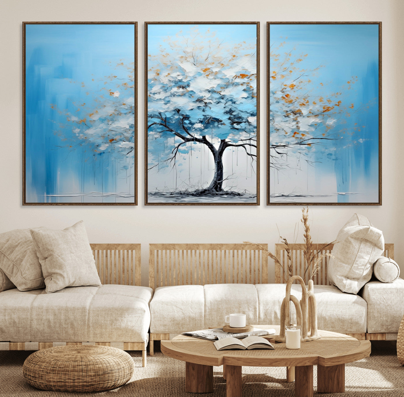 25021-MGV-FC-60X30-3P_Walnut-Abstract Tree Wall Art – Blue and White Canvas Painting with Gold Accents, Modern Nature-Inspired Artwork for Living Room, Bedroom