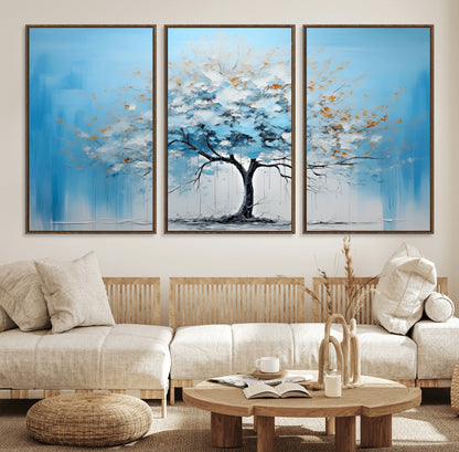 25021-MGV-FC-60X30-3P_Walnut-Abstract Tree Wall Art – Blue and White Canvas Painting with Gold Accents, Modern Nature-Inspired Artwork for Living Room, Bedroom