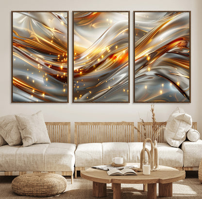 Lines1-MGV-FC-60X30-3P_Walnut-Abstract Metallic Wall Art – Silver and Gold Wave Canvas Print with Sparkling Accents, Modern Luxury Decor for Living Room, Office