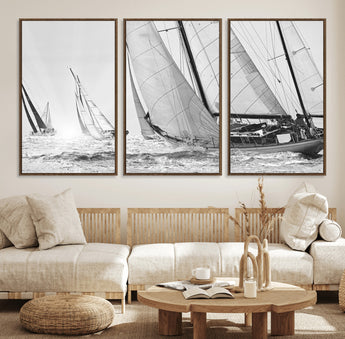 Boat-1-MGV-FC-60X30-3P_Walnut-Sailboat Racing Wall Art – Nautical Black and White Canvas Print, Ocean Adventure Decor for Office, Living Room or Bedroom