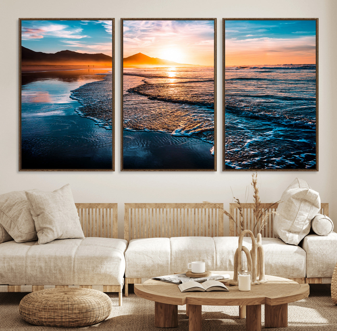 26494-MGV-FC-60X30-3P_Walnut-Ocean Sunset Wall Art – Scenic Beach Canvas Print with Waves and Mountains, Coastal Seascape Photography for Living Room, Bedroom