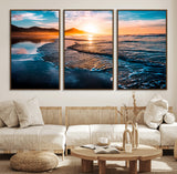 26494-MGV-FC-60X30-3P_Walnut-Ocean Sunset Wall Art – Scenic Beach Canvas Print with Waves and Mountains, Coastal Seascape Photography for Living Room, Bedroom