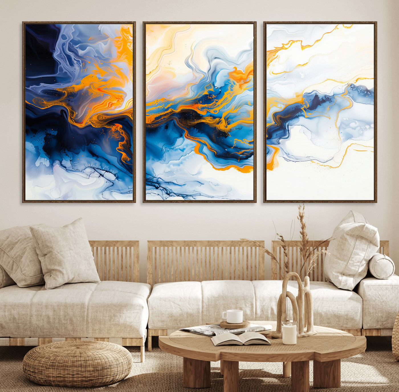 83720-MGV-CV-36X24-Abstract Fluid Wall Art – Blue, White and Gold Swirl Canvas Painting, Modern Contemporary Artwork for Living Room, Bedroom or