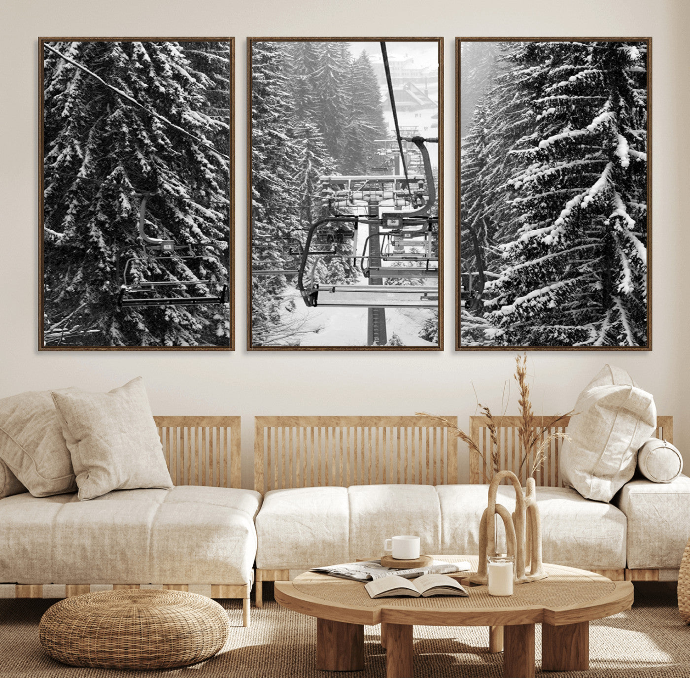 19240-MGV-FC-60X30-3P_Walnut-Ski Lift Wall Art – Black and White Winter Mountain Canvas Print, Snowy Forest Ski Resort Photography for Cabin, Lodge, Office or