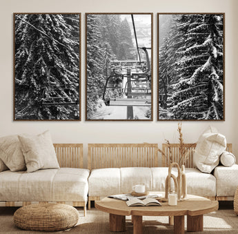 19240-MGV-FC-60X30-3P_Walnut-Ski Lift Wall Art – Black and White Winter Mountain Canvas Print, Snowy Forest Ski Resort Photography for Cabin, Lodge, Office or