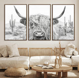 94579-MGV-FC-60X30-3P_Walnut-Highland Cow Wall Art – Black and White Longhorn Canvas Print, Rustic Western Farmhouse Animal Photography for Living Room,