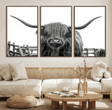 58188-MGV-FC-60X30-3P_Walnut-Highland Cow Wall Art – Black and White Rustic Farmhouse Canvas Print, Longhorn Cattle Photography Decor for Living Room or