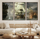 26512-MGV-FC-60X30-3P_Walnut-Naval Battle Wall Art – Dramatic Tall Ship Canvas Print, Historic Pirate Sailing War Scene, Nautical Decor for Office, Study or