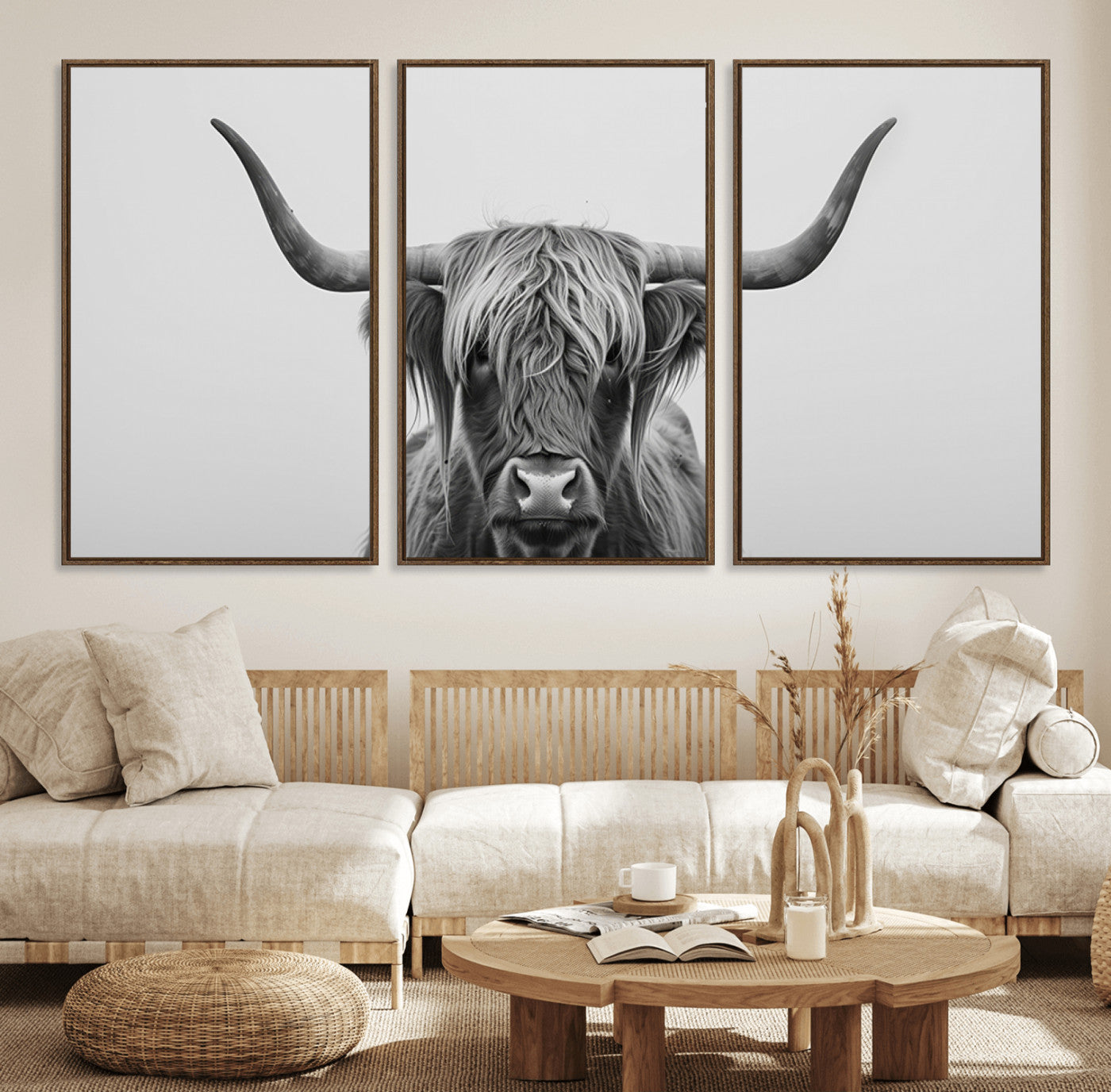 35820-MGV-FC-60X30-3P_Walnut-Minimalist Highland Cow Wall Art – Black and White Longhorn Cattle Canvas Print, Modern Farmhouse Animal Photography Decor for