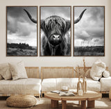 17924-MGV-FC-60X30-3P_Walnut-Highland Cow Wall Art – Black and White Rustic Longhorn Cattle Canvas Print, Farmhouse Animal Photography Decor for Country Home