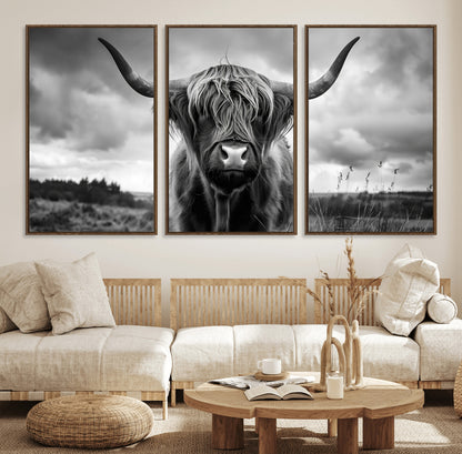 17924-MGV-FC-60X30-3P_Walnut-Highland Cow Wall Art – Black and White Rustic Longhorn Cattle Canvas Print, Farmhouse Animal Photography Decor for Country Home
